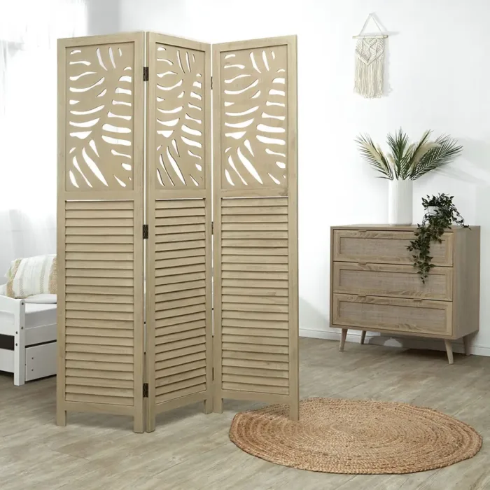 Raumteiler aus Holz mit Blatt Muster 120x170 cm - Paravent 3 teilig mit Holzlamellen - Farbe: Beige - Sand