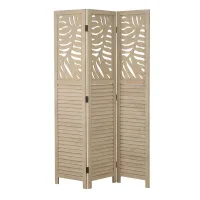 Raumteiler aus Holz mit Blatt Muster 120x170 cm - Paravent 3 teilig mit Holzlamellen - Farbe: Beige - Sand