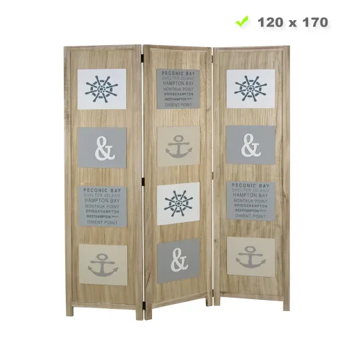 Raumteiler mit mehrfarbigen maritimen Motiven 120x170 cm - Holz Vintage Paravent 3 teilig - Farbe: Natur