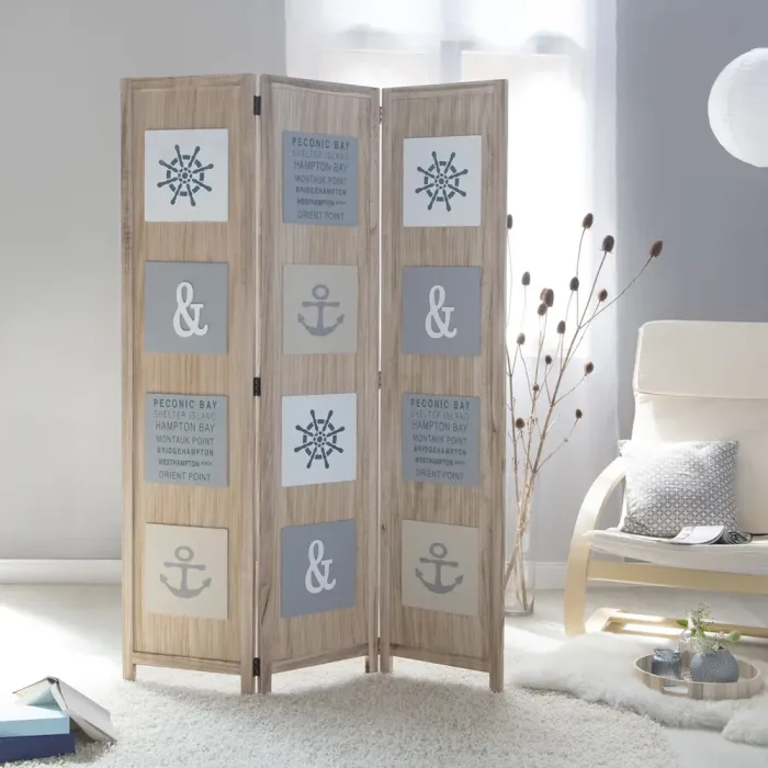 Raumteiler mit mehrfarbigen maritimen Motiven 120x170 cm - Holz Vintage Paravent 3 teilig - Farbe: Natur