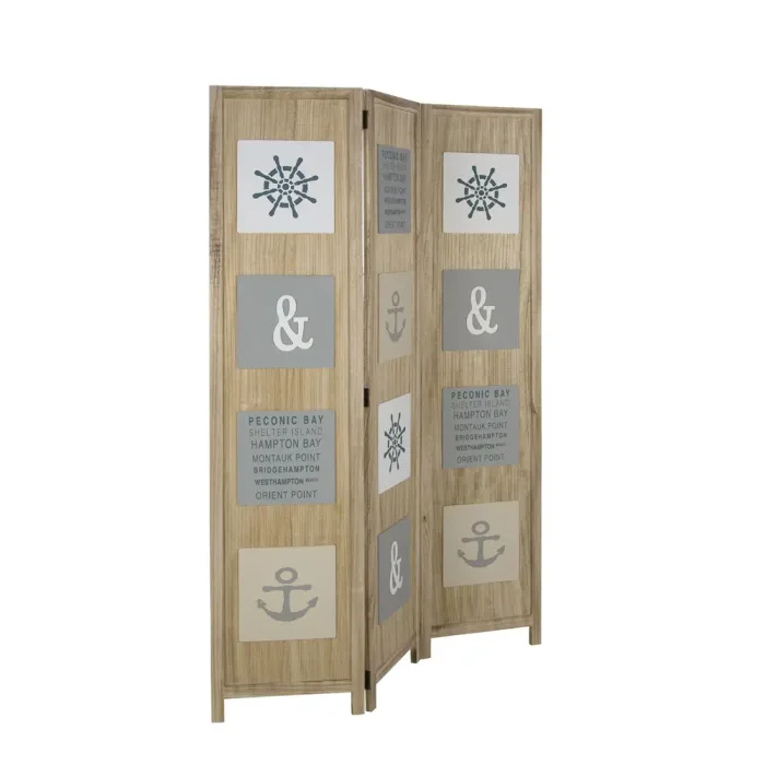 Raumteiler mit mehrfarbigen maritimen Motiven 120x170 cm - Holz Vintage Paravent 3 teilig - Farbe: Natur