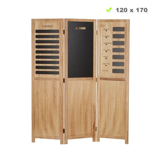 Raumteiler aus Holz mit Memoboard 120x170 cm - Paravent 3 teilig mit Wochentags-Tafelelementen - Farbe: Natur