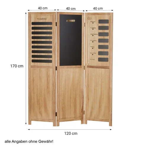 Raumteiler aus Holz mit Memoboard 120x170 cm - Paravent 3 teilig mit Wochentags-Tafelelementen - Farbe: Natur