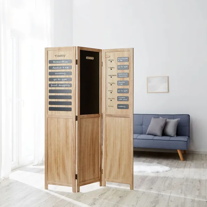 Raumteiler aus Holz mit Memoboard 120x170 cm - Paravent 3 teilig mit Wochentags-Tafelelementen - Farbe: Natur