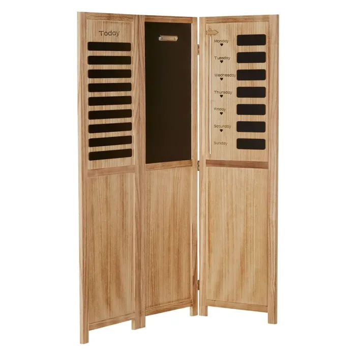 Raumteiler aus Holz mit Memoboard 120x170 cm - Paravent 3 teilig mit Wochentags-Tafelelementen - Farbe: Natur
