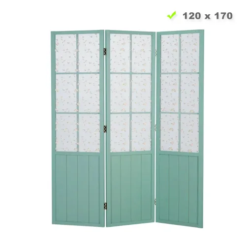 Raumteiler mit Holzlamellen und Stoffbehang 120x170 cm - Paravent 3 teilig mit gesticktem Blumenmuster - Farbe: Türkis