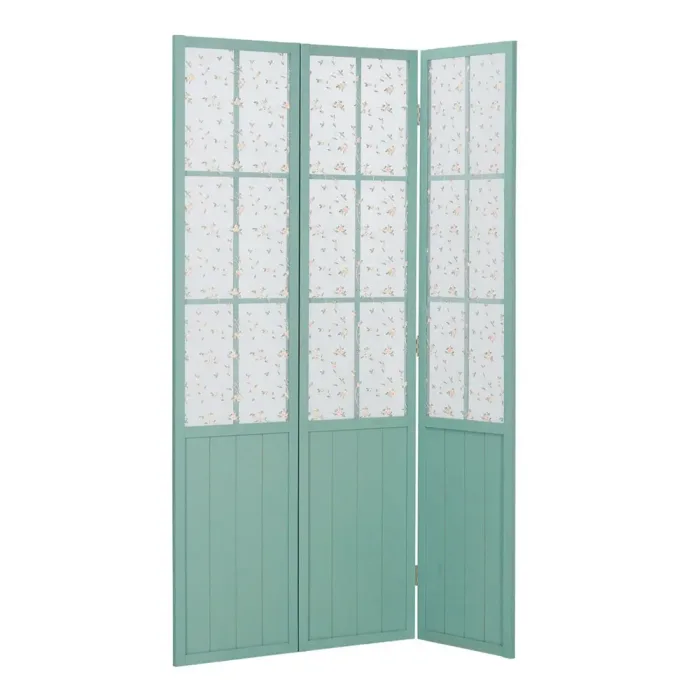 Raumteiler mit Holzlamellen und Stoffbehang 120x170 cm - Paravent 3 teilig mit gesticktem Blumenmuster - Farbe: Türkis