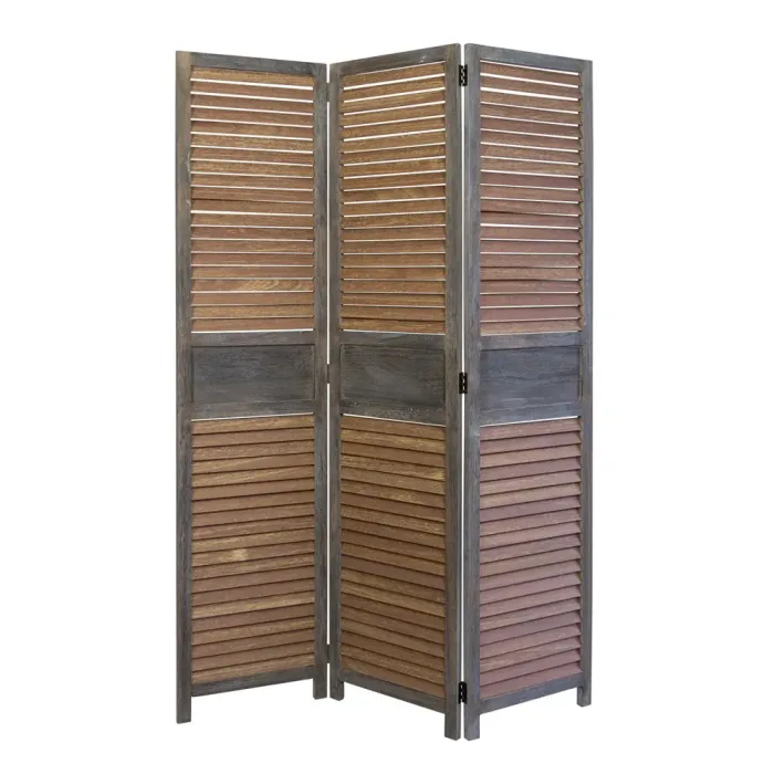Raumteiler mehrfarbig aus Holz in Vintage Art 120x170 cm - Paravent 3 teilig mit washed Holzlamellen - Farbe: Braun