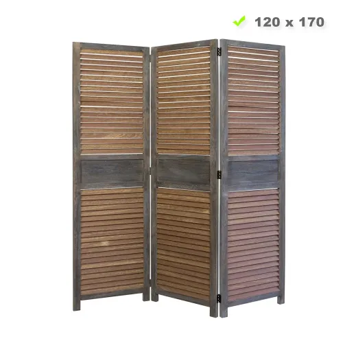 Raumteiler mehrfarbig aus Holz in Vintage Art 120x170 cm - Paravent 3 teilig mit washed Holzlamellen - Farbe: Braun