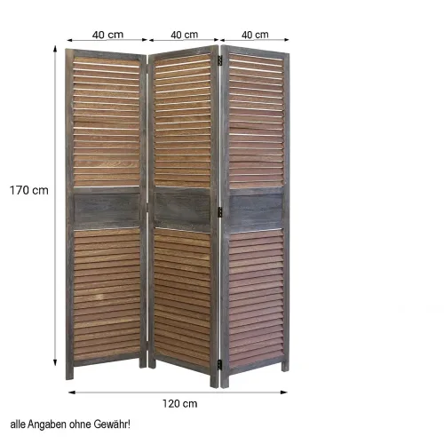 Raumteiler mehrfarbig aus Holz in Vintage Art 120x170 cm - Paravent 3 teilig mit washed Holzlamellen - Farbe: Braun