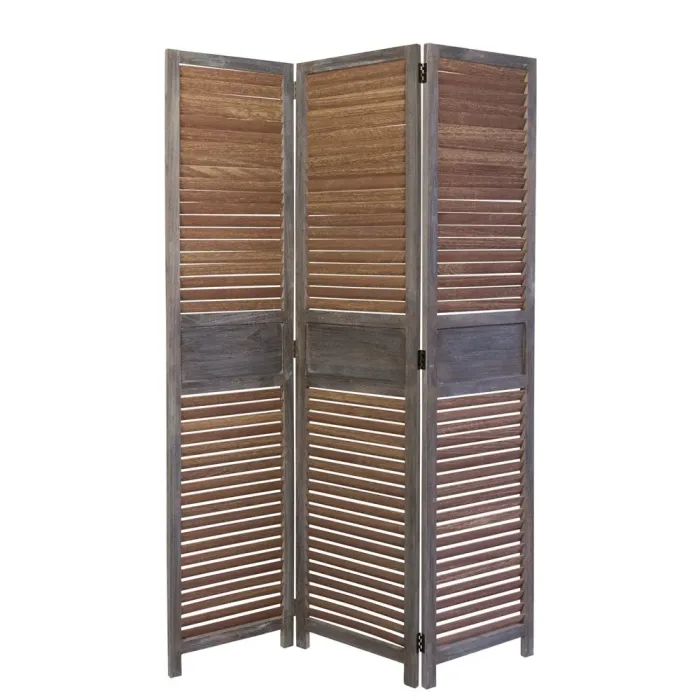 Raumteiler mehrfarbig aus Holz in Vintage Art 120x170 cm - Paravent 3 teilig mit washed Holzlamellen - Farbe: Braun