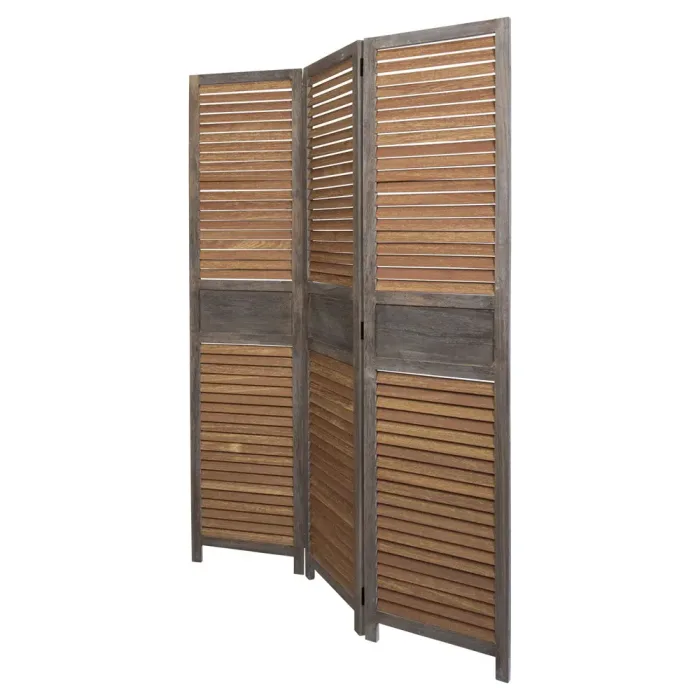 Raumteiler mehrfarbig aus Holz in Vintage Art 120x170 cm - Paravent 3 teilig mit washed Holzlamellen - Farbe: Braun