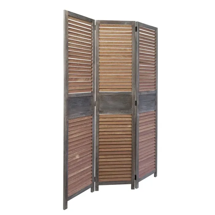 Raumteiler mehrfarbig aus Holz in Vintage Art 120x170 cm - Paravent 3 teilig mit washed Holzlamellen - Farbe: Braun