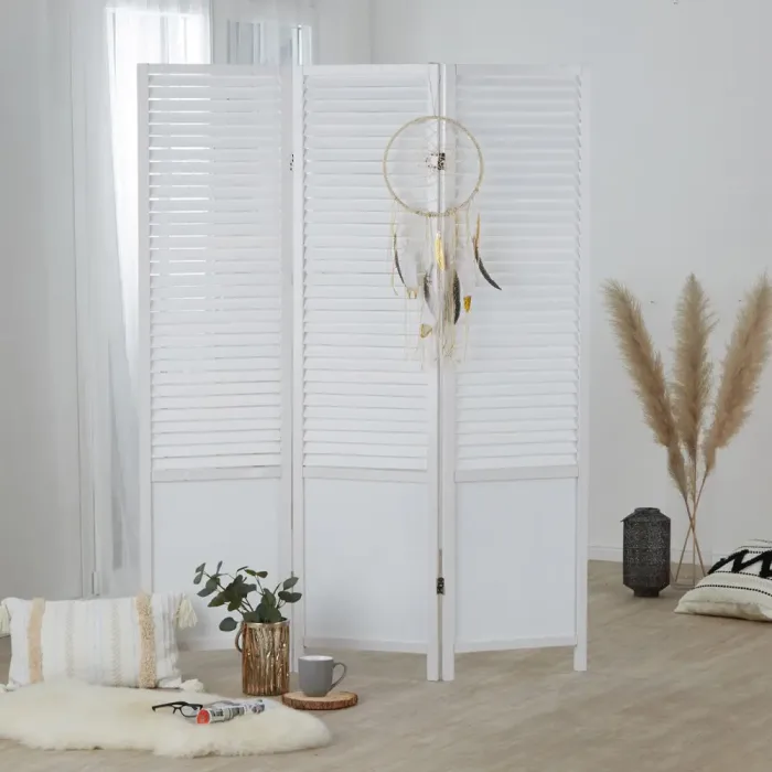 Raumteiler Used-Design aus Holz 130x175 cm - Paravent 3 teilig mit mehrzeiligen Holzlamellen - Farbe: Weiß – Bild 3