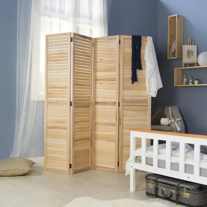 Raumteiler mit Farbnuancen 160x170 cm - Paravent 4 teilig mit diagonalen Holzlamellen - Farbe: Natur