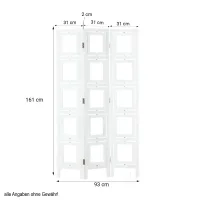 Raumteiler mit Einschubfächern 93x161 cm - Paravent 3 teilig aus Holz mit 15 Fotohaltern - Farbe: Braun