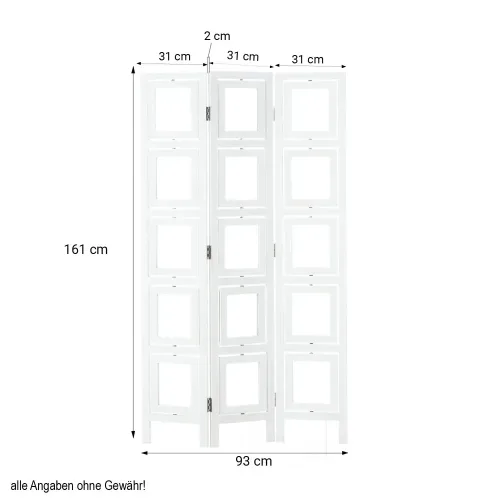 Raumteiler mit Einschubfächern 93x161 cm - Paravent 3 teilig aus Holz mit 15 Fotohaltern - Farbe: Braun
