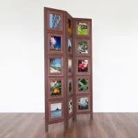 Raumteiler mit Einschubfächern 93x161 cm - Paravent 3 teilig aus Holz mit 15 Fotohaltern - Farbe: Braun