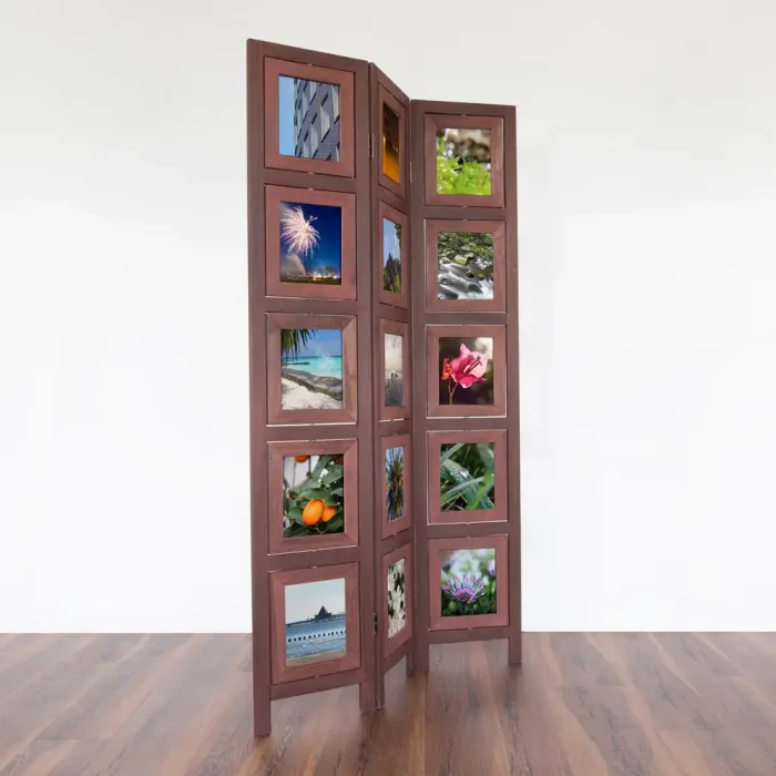 Raumteiler mit Einschubfächern 93x161 cm - Paravent 3 teilig aus Holz mit 15 Fotohaltern - Farbe: Braun