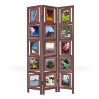 Raumteiler mit Einschubfächern 93x161 cm - Paravent 3 teilig aus Holz mit 15 Fotohaltern - Farbe: Braun