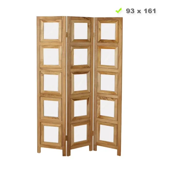 Raumteiler im Industrial Stil 93x161 cm - Paravent 3 teilig aus Holz mit 15 Bildhaltern - Farbe: Natur