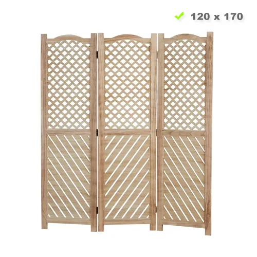 Raumteiler aus Holz 120x170 cm - Lichtdurchlässiger Paravent 3 teilig mit offenem Holzmuster - Farbe: Natur