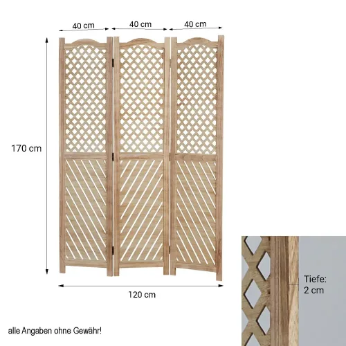 Raumteiler aus Holz 120x170 cm - Lichtdurchlässiger Paravent 3 teilig mit offenem Holzmuster - Farbe: Natur
