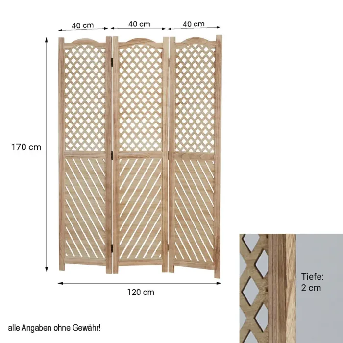 Raumteiler aus Holz 120x170 cm - Lichtdurchlässiger Paravent 3 teilig mit offenem Holzmuster - Farbe: Natur