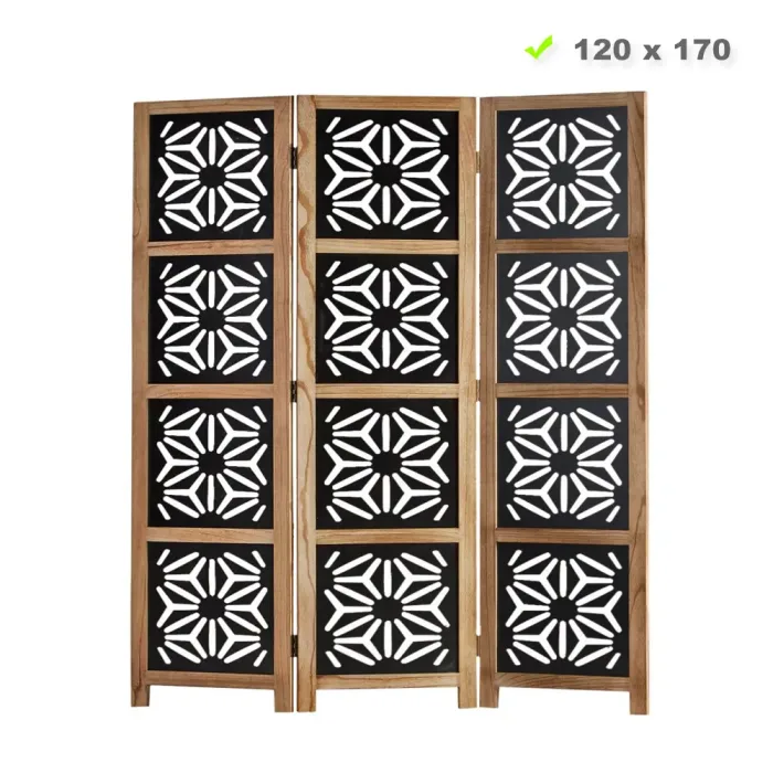 Raumteiler im Industrial Design 120x170 cm - Durchsichtiger Holz Paravent 3 teilig mit offenen Motiven - Farbe: Natur Schwarz