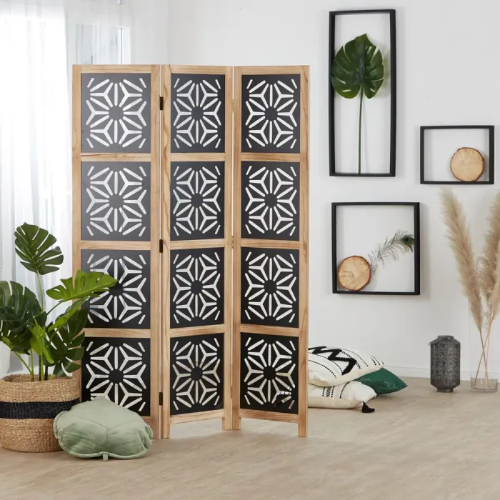 Raumteiler im Industrial Design 120x170 cm - Durchsichtiger Holz Paravent 3 teilig mit offenen Motiven - Farbe: Natur Schwarz
