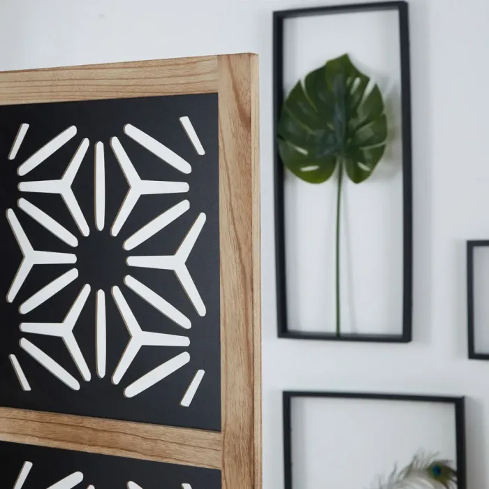 Raumteiler im Industrial Design 120x170 cm - Durchsichtiger Holz Paravent 3 teilig mit offenen Motiven - Farbe: Natur Schwarz