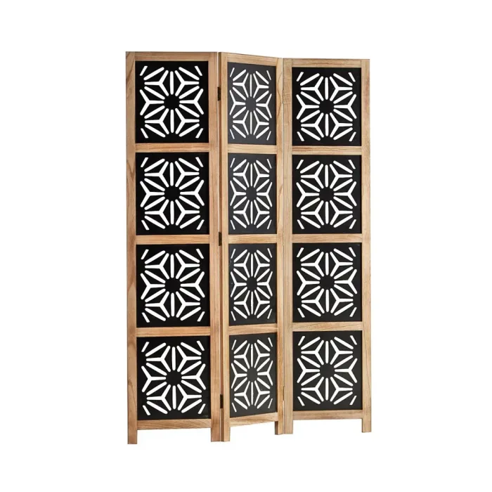 Raumteiler im Industrial Design 120x170 cm - Durchsichtiger Holz Paravent 3 teilig mit offenen Motiven - Farbe: Natur Schwarz