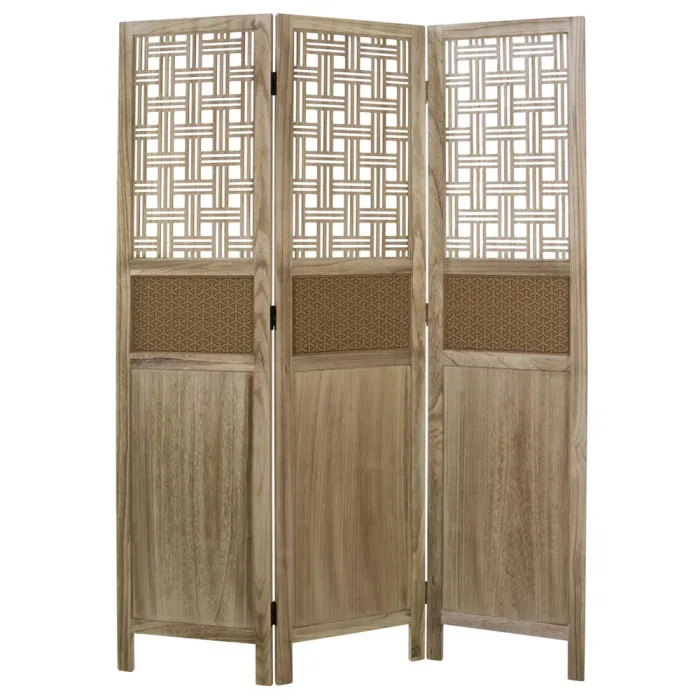 Raumteiler aus Holz und Kork 120x170 cm - Halbdurchsichtiger Paravent 3 teilig mit Muster - Farbe: Natur Braun