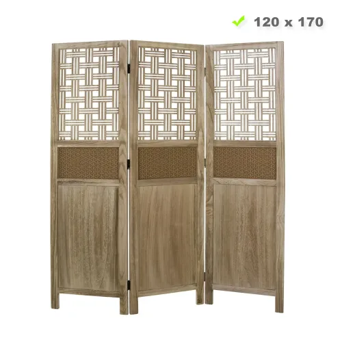 Raumteiler aus Holz und Kork 120x170 cm - Halbdurchsichtiger Paravent 3 teilig mit Muster - Farbe: Natur Braun