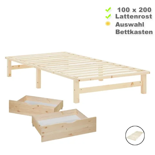 Massivholzbett 100x200 - Palettenbett ohne Kopfteil - Auswahl Bettkästen - Farbe: Natur