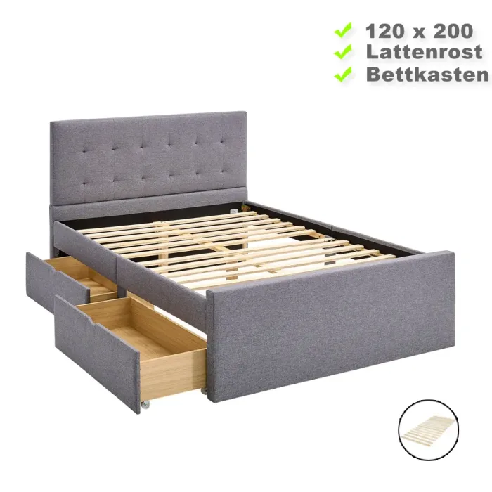 Polsterbett 120x200 - Futonbett mit zwei Bettkästen - Farbe: Grau