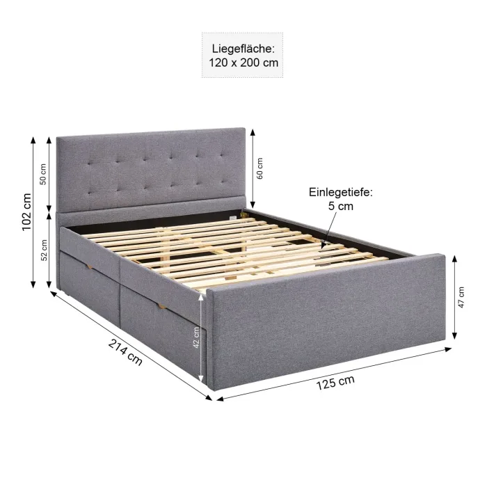 Polsterbett 120x200 - Futonbett mit zwei Bettkästen - Farbe: Grau