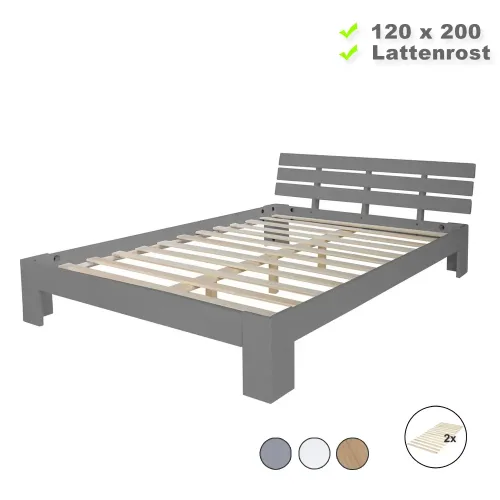 Massivholzbett 120x200 – Futonbett mit Rückenlehne – Farbe-Auswahl: Weiß Natur Grau