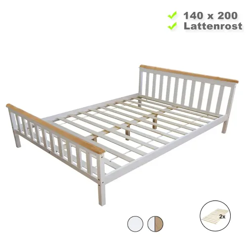 Massivholzbett 140x200 - Doppelbett mit hohem Kopf- und Fußteil - Farbe-Auswahl: Weiß Weiß-Natur