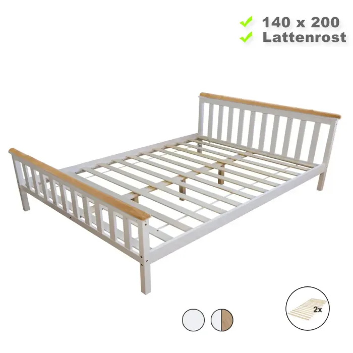 Massivholzbett 140x200 - Doppelbett mit hohem Kopf- und Fußteil - Farbe-Auswahl: Weiß Weiß-Natur