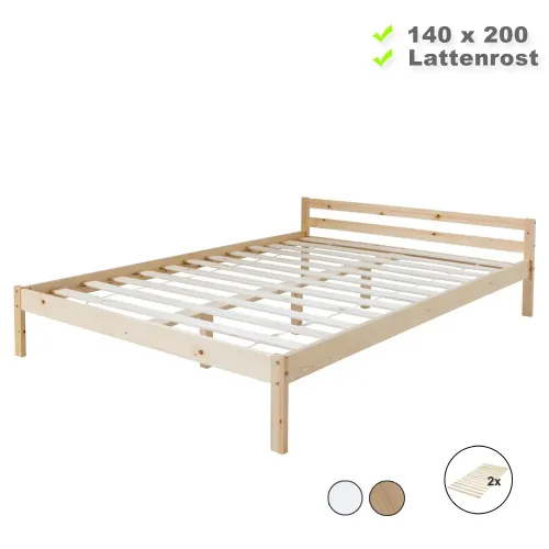 Massivholzbett 140x200 - Echtholz Doppelbett mit Rückenlehne - Farbe-Auswahl: Weiß Natur