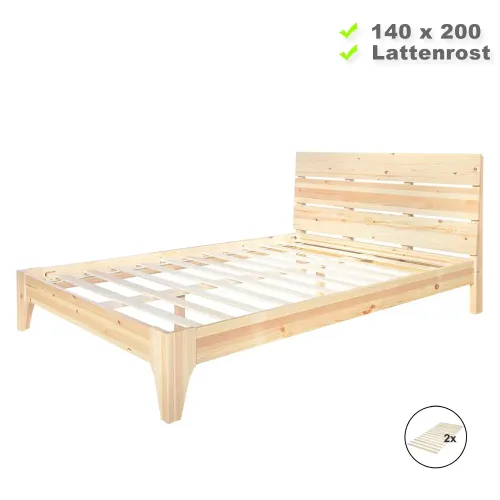 Massivholzbett mit sichtbarer Holzmaserung 140x200 – Doppelbett mit hohem Kopfteil – Farbe: Natur