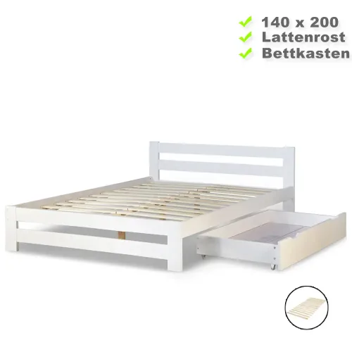 Massivholzbett 140x200 – Doppelbett mit Bettkasten und Kopfteil – Farbe: Weiß