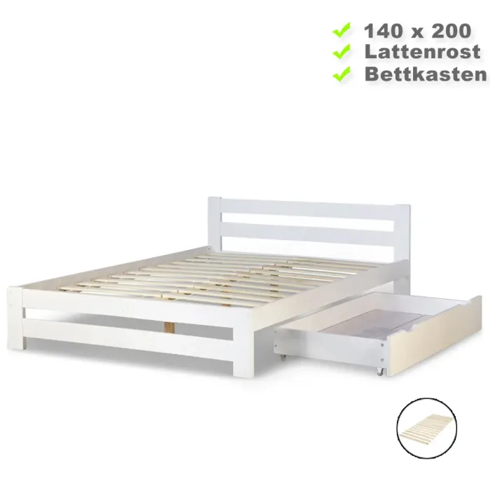 Massivholzbett 140x200 – Doppelbett mit Bettkasten und erhöhtem Kopfteil – Farbe: Weiß