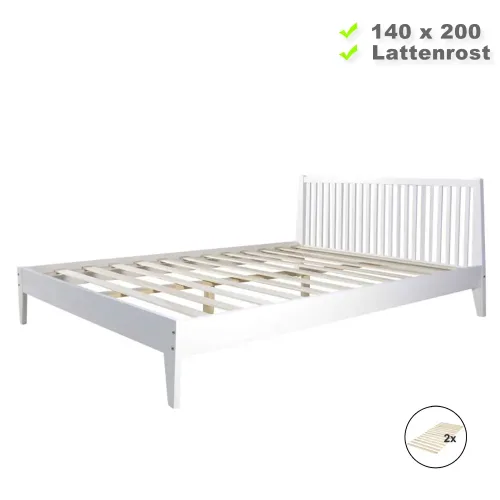 Massivholzbett 140x200 – Echtholz Doppelbett mit hohem Kopfteil – Farbe: Weiß
