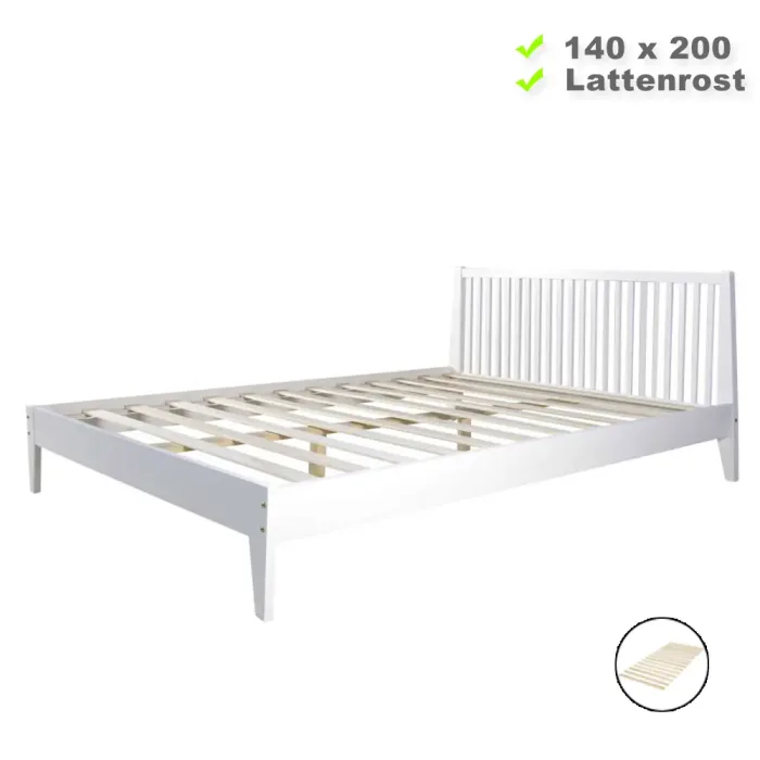 Massivholzbett 140x200 – Echtholz Doppelbett mit hohem Kopfteil – Farbe: Weiß
