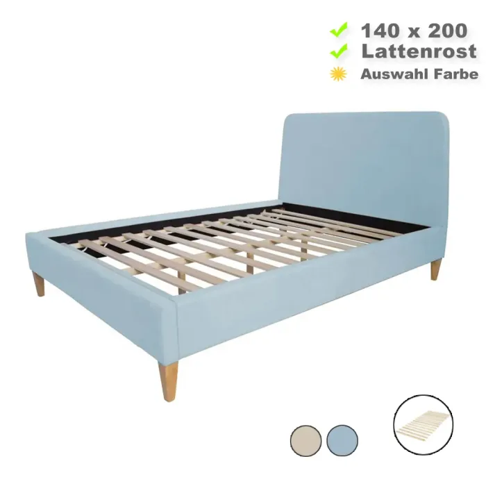 Polsterbett 140x200 - Doppelbett mit hohem Kopfteil - Farbe-Auswahl: Hellblau Beige