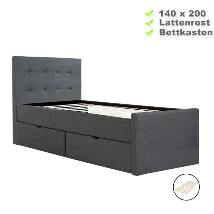 Polsterbett 140x200 - Doppelbett mit zwei Bettkästen - Farbe: Grau