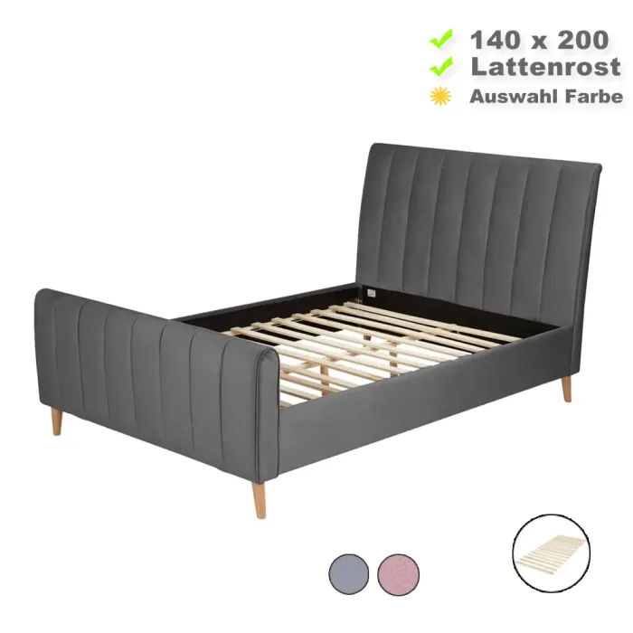 Polsterbett 140x200 - Doppelbett mit hohem Kopf- und Fußteil - Farbe-Auswahl: Rosa Grau