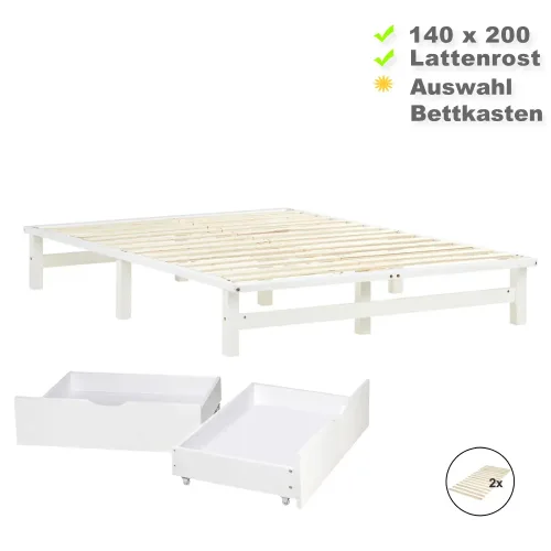 Massivholz Doppelbett 140x200 - Bett ohne Kopfteil - Auswahl Bettkästen - Farbe: Weiß